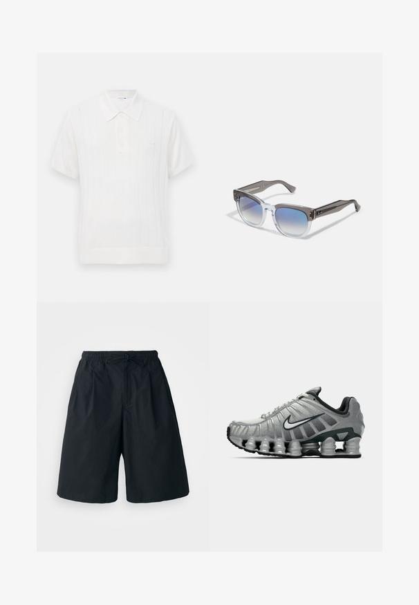 Polo em malha branca com mangas curtas, apresentando uma textura canelada subtil, abertura com três botões e um pequeno logo no peito.; Calções pretos com um cós elástico e cordão ajustável. Feitos de um tecido suave, apresentando um corte solto e sem padrões visíveis.; Sapatilha de corrida Nike cinza e preta com um sistema de amortecimento semelhante a molas visível sob a sola e um logo swoosh branco na lateral.; Óculos de sol com armação cinza e transparente, em formato quadrado, com lentes degradê azuis e detalhes metálicos nas hastes. Material leve.