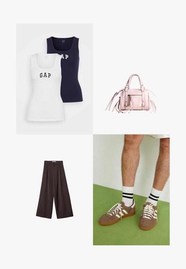 Two tank tops in white and navy, featuring a ribbed texture, scoop neck, and the word "GAP" printed in contrasting colors on the front.; Black wide-leg trousers with a high waist, featuring front pleats and a button closure at the waist, made from smooth fabric.; Brown suede sneakers with white accents and laces. Rubber gum sole. Worn with white socks featuring black stripes. Green textured flooring.; Pink handbag with braided top handle, silver hardware, front zipper pocket, and long tassels on sides; textured faux leather material.; Stradivarius SET - Bracelet - dark brown