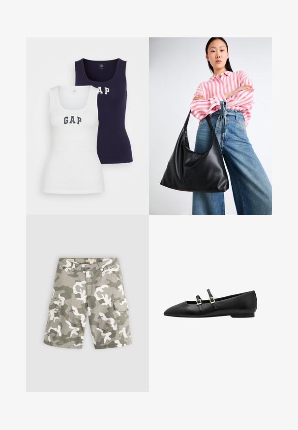 Zwei Trägershirts in Weiß und Marineblau mit gerippter Textur, Rundhalsausschnitt und dem Wort "GAP", das in kontrastierenden Farben auf der Vorderseite aufgedruckt ist.; Levi's® BAGGY DAD CARGO SHORT - Jeans Shorts - bader camo agate gray; Schwarze Lederflachschuhe mit spitzem Zeh, ausgestattet mit zwei schwarzen Riemen und goldenen quadratischen Schnallen. Glatte Textur und flache Sohle.; Schwarze Leder-Umhängetasche mit einer lässigen Form und Nahtdetails. Das Modell trägt ein pink-weiß gestreiftes Hemd zu weit geschnittenen blauen Jeans.