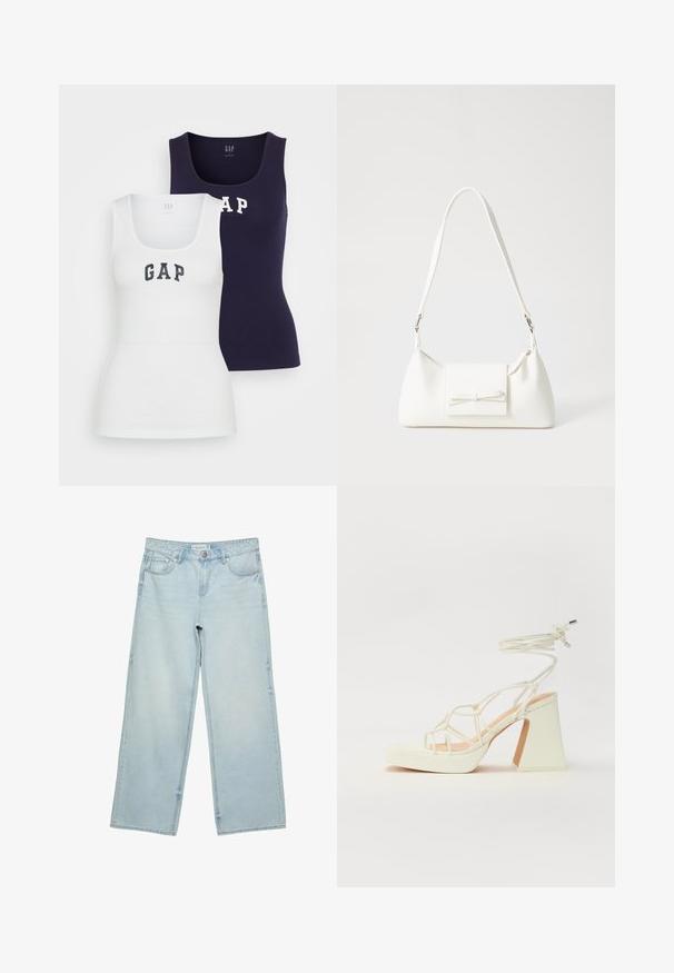 Dva tielka v bielej a námorníckej modrej farbe, s rebrovanou textúrou, okrúhlym výstrihom a slovom "GAP" potlačeným v kontrastných farbách na prednej strane.; Svetlomodré široké džínsy z denimu, s vysokým pásom, piatimi vreckami a jemným vyblednutím. Priamy strih s olemovanými okrajmi.; Biele sandále na vysokom opätku s hrubým podpätkom, s pruhovaným dizajnom a viazaním na členku. Hladký povrch s platformou vpredu pre zvýšenú výšku.; Biela syntetická kabelka s trojuholníkovým tvarom, plochým predným klapkou a detailom mašle, nastaviteľným popruhom, hladkou textúrou a minimalistickým dizajnom.