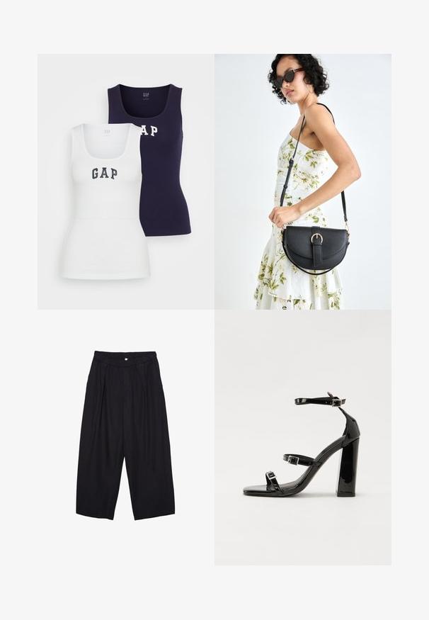Zwei Trägershirts in Weiß und Marineblau mit gerippter Textur, Rundhalsausschnitt und dem Wort "GAP", das in kontrastierenden Farben auf der Vorderseite aufgedruckt ist.; Schwarze Polyester-Culotte mit einem elastischen Bund, zwei vorderen Falten und einer lockeren Silhouette. Keine sichtbaren Muster oder Hardware-Details.; Schwarze patentierte Sandalen mit Absatz, quadratischer Spitze, Knöchelriemen und silbernen Schnallen. Mit einem stabilen Blockabsatz für mehr Stabilität.; Schwarze Lederhandtasche mit geschwungener Form, abnehmbarem Tragegurt und goldenen Beschlägen. Die Tasche verfügt über einen Deckel mit einer Schnallen-Details.