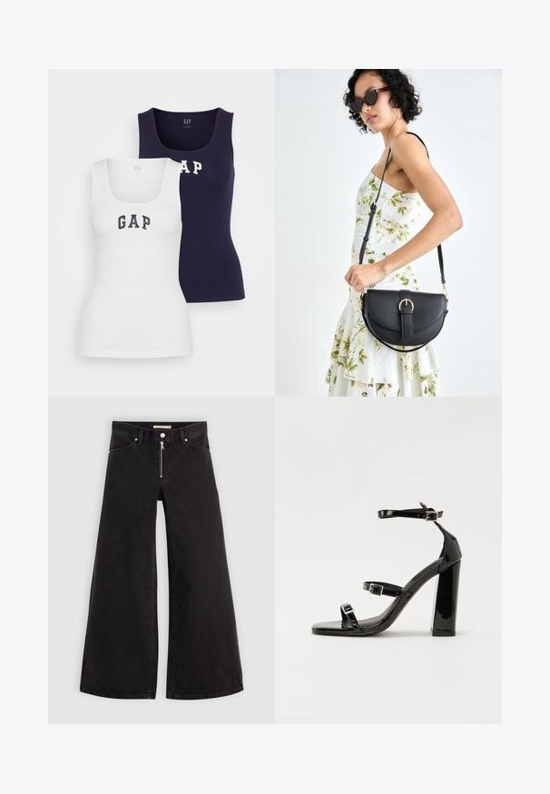 Two tank tops in white and navy, featuring a ribbed texture, scoop neck, and the word "GAP" printed in contrasting colors on the front.; Wide-leg jeans in black denim with a zippered front, five-pocket design, and subtle stitching details. Smooth texture and casual style.; Black patent heeled sandals with a square toe, ankle straps, and silver buckles. Features a chunky block heel for stability.; Black leather handbag with a curved shape, detachable strap, and gold hardware. The bag features a flap with a buckle detail.