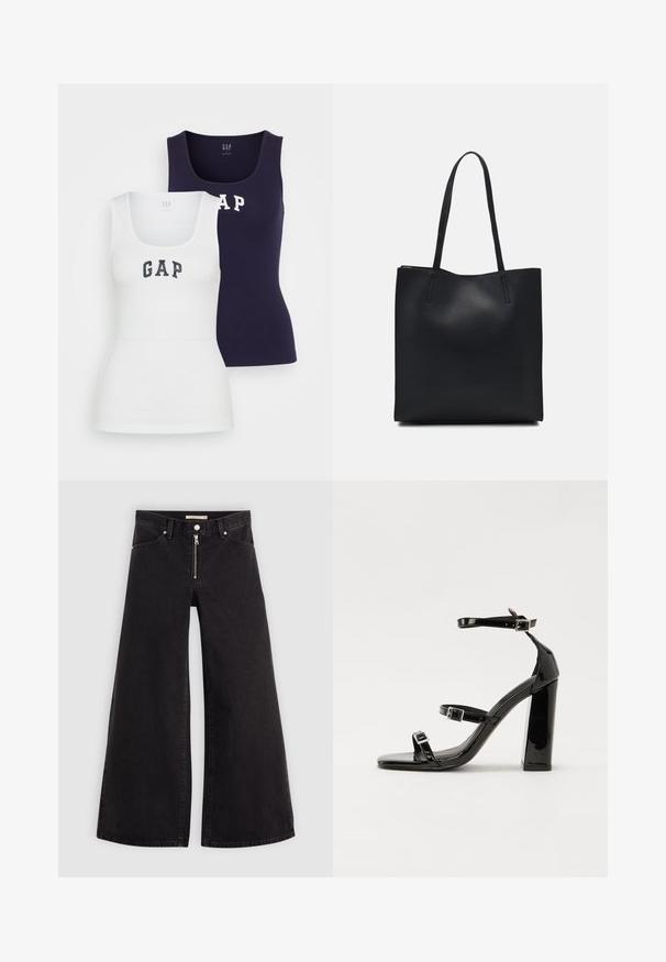 Two tank tops in white and navy, featuring a ribbed texture, scoop neck, and the word "GAP" printed in contrasting colors on the front.; Wide-leg jeans in black denim with a zippered front, five-pocket design, and subtle stitching details. Smooth texture and casual style.; Black patent heeled sandals with a square toe, ankle straps, and silver buckles. Features a chunky block heel for stability.; Black leather tote bag with smooth texture, rectangular shape, and two long handles. No visible hardware or embellishments.