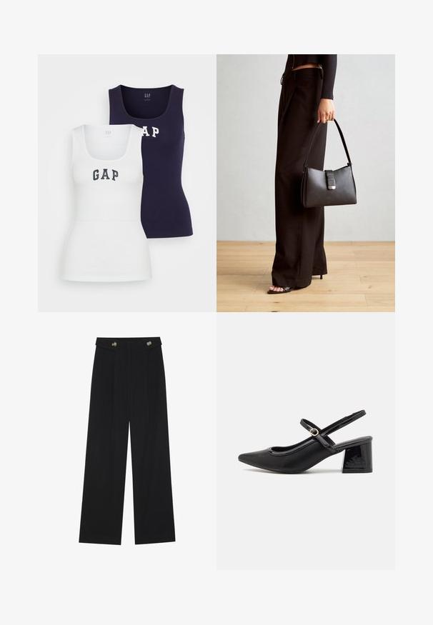 Due canotte in bianco e blu navy, caratterizzate da una trama a costine, scollatura a barca e la scritta "GAP" stampata in colori a contrasto sul fronte.; Pantaloni neri a gamba larga con vita alta, dettagli con bottoni in vita e pieghe frontali.; Décolleté in vernice nera con cinturino dietro, punta affusolata, design con ritagli arrotondati e tacco a blocco. Presenta un accento di fibbia tono oro.; Borsa nera con forma strutturata, texture liscia e una chiusura metallica. Abbinata a pantaloni neri larghi e sandali open-toe su un pavimento in legno.