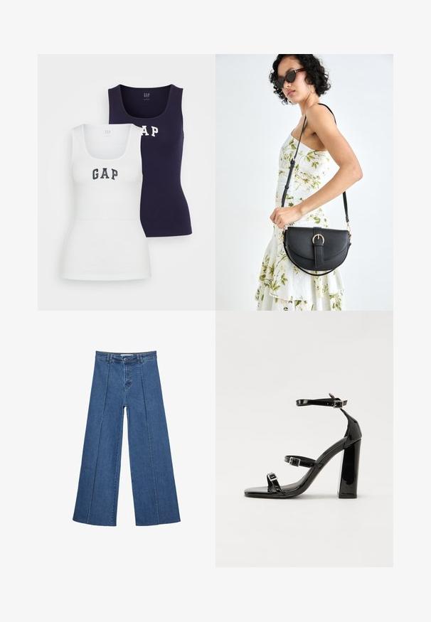 Due canotte in bianco e blu navy, caratterizzate da una trama a costine, scollatura a barca e la scritta "GAP" stampata in colori a contrasto sul fronte.; Jeans in denim a gamba larga di blu medio, con vita alta, chiusura con bottone e dettagli delle cuciture verticali a contrasto lungo la parte anteriore.; Sandali con tacco in vernice nera, con punta squadrata, cinturini alla caviglia e fibbie in argento. Presentano un tacco a blocco spesso per maggiore stabilità.; Borsa a tracolla nera in pelle con una forma curva, manico rimovibile e accessori dorati. La borsa presenta una patta con un dettaglio a fibbia.