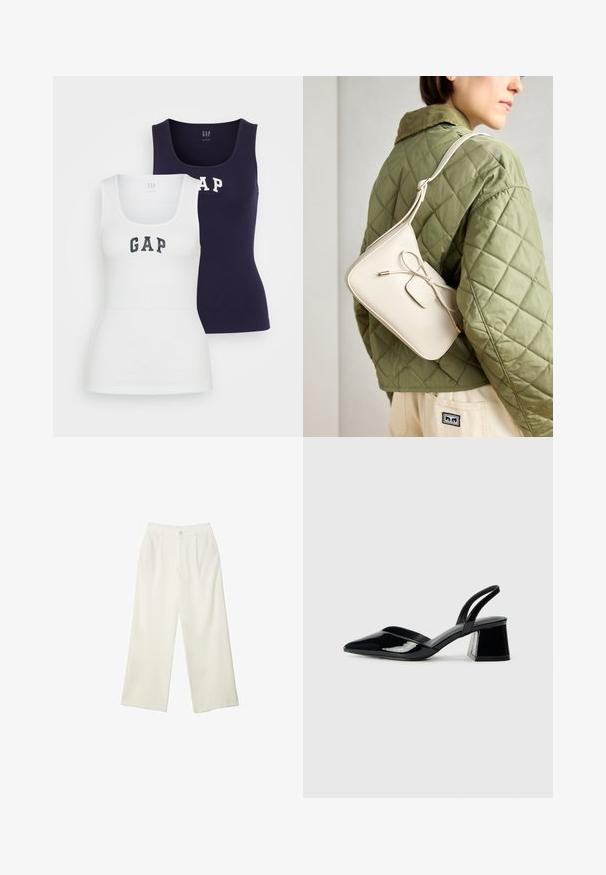 Dva tielka v bielej a námorníckej modrej farbe, s rebrovanou textúrou, okrúhlym výstrihom a slovom "GAP" potlačeným v kontrastných farbách na prednej strane.; Široké nohavice z krémovej látky s hladkou textúrou, s jedným predným gombíkom, jemnými skladmi a vysokým pásom.; Čierne lakované kožené sandálové podpätky s špicatou špičkou a geometrickým blokovým podpätkom. Disponujú elegantným, minimalistickým dizajnom a hladkým povrchom.; Bežová kožená crossbody taška s detailom mašle, zlatým kovaním a jedným nastaviteľným popruhom, nosená cez zelenú prešívanú bundu.