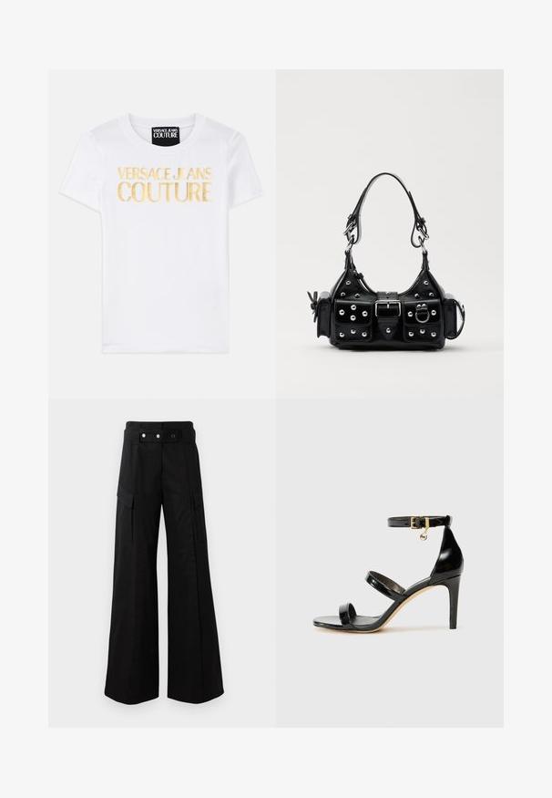 Fehér pamut póló, amelynek elején feltűnő arany színű felirat olvasható: "VERSACE JEANS COUTURE". Klasszikus környakú kialakítás, rövid ujjak.; Fekete, bő szárú nadrág magas derékkal, nagyméretű oldalsó zsebekkel, két elülső gombbal és hurok részlettel. Tartós anyagból készült.; Fekete lakk bőr szandál három pánttal, bokapánttal és 10 cm magasságú tűsarokkal. Arany színű részletekkel és logó charm-mal rendelkezik.; Fekete bőr kézitáska ívelt designnal, ezüst szegecsekkel, csattal és két oldalsó zsebbel. Állítható vállpánt a hordozási lehetőségekhez.