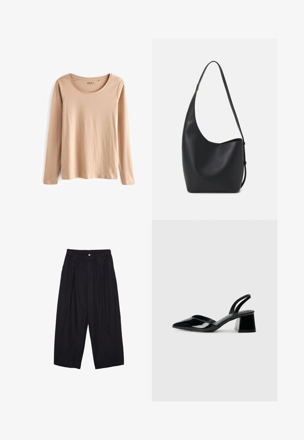 Next LONG SLEEVE STANDARD - Top s dlouhým rukávem - neutral; Černé polyesterové culotte kalhoty s elastickým pasem, dvěma předními sklady a volným siluetou. Žádné viditelné vzory ani kovové detaily.; Černé lakované kožené lodičky na pásku s špičatou špičkou a geometrickým blokovým podpatkem. Vyznačují se elegantním, minimalistickým designem a hladkým povrchem.; Černá kožená hobo taška s hladkým povrchem, zakřiveným tvarem a jedním nastavitelným popruhem; má široké otevírání nahoře.