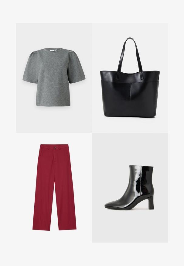 Grå kortermet topp laget av myk stoff, med rund hals og lett puffede ermer for ekstra volum. Glatt tekstur uten mønstre.; Vide ben bukser laget av glatt, teksturert stoff i en dyp rød farge. Har frontlommer og en enkelt knappelukking i midjen.; Sorte patentlær ankle boot med spiss tå og en mellomhøy blokkhelt. Glatt tekstur og minimalistisk design.; Svart lær toteveske med to lange håndtak, en glatt tekstur og en strukturert form. Har en frontlomme for ekstra oppbevaring.