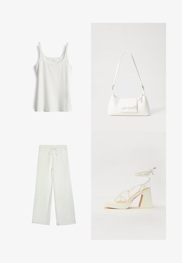 Canotta bianca senza maniche con scollatura tonda. Realizzata in tessuto morbido e liscio. Presenta un orlo semplice e dritto senza motivi né dettagli.; Pantaloni bianchi a gamba larga realizzati in un tessuto morbido. Presentano un elastico in vita con cordino e una consistenza liscia. Senza motivi visibili o accessori.; Sandalo bianco con tacco alto, caratterizzato da un design a cinturini e un legaccio alla caviglia. Texture liscia con una piattaforma frontale per un'altezza aggiuntiva.; Borsa sintetica bianca a forma triangolare, con patta anteriore piatta e dettaglio a fiocco, tracolla regolabile, texture liscia e design minimalista.