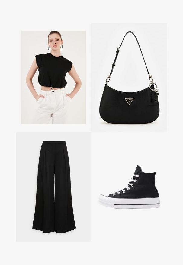 Čierne skrátené tričko s krátkymi rukávmi a elastickým zúženým lemom. Skombinované s bielymi nohavicami s vysokým pásom. Hladká bavlnená textúra.; Čierny skrátený top s dlhými puff rukávmi, skrúteným predným dizajnom a otvoreným zadkom. Obsahuje viazanie v páse a hladkú, elastickú látku.; Široké čierne nohavice vyrobené z mäkkého materiálu, so záhybmi na prednej strane a vysokým pásom, ktoré zabezpečujú voľný siluetu.; Čierne plátkové tenisky v štýle high-top s bielymi očkami, šnúrkami a gumovou podrážkou. Obsahujú textúrovanú špičku a čierno-biele pruhy.; Čierna syntetická plecnička s oblým siluetom, textúrovaným povrchom, zlatým trojuholníkovým logom a odnímateľnými kovovými detailmi.