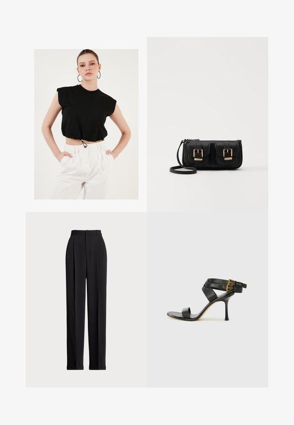 Juoda trumpa marškinėlių su trumpomis rankovėmis ir daugiausia elastine apdaila. Suderinta su aukštu juosmeniu baltais kelnėmis. Lygus medvilnės audinys.; Juodos pritaikytos kelnės su aukštu liemeniu, su klostėmis priekyje, tiesaus kirpimo ir užlenktais kraštais. Pagamintos iš lygaus audinio.; Juodi kulniškų sandalai su kryžminėmis juostelėmis ir reguliuojamu sagtimi. Ypatybė – lygus paviršius ir siauras smailas kulnas.; Juodas odinis per petį nešiojamas krepšys su dviem priekiniais kišenėmis, auksiniais sagtimis, užtrauktuko uždarymu ir siauromis petnešomis. Textūruota paviršius ir kompaktiškas stačiakampis formatas.