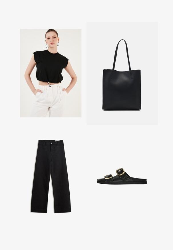 Zwarte cropped t-shirt met korte mouwen en elastische cinched zoom. Gecombineerd met hoge witte broeken. Glad katoen textuur.; Zwarte denim broek met wijde pijpen en een hoge taille, voorzien van voor- en achterzakken, gestikte naden en een knoopsluiting. Gladde textuur.; Zwarte slipper met twee gouden gesps, gladde textuur, platte zool en een minimalistisch ontwerp.; Zwarte leren handtas met een gladde textuur, rechthoekige vorm en twee lange handvaten. Geen zichtbare hardware of versieringen.