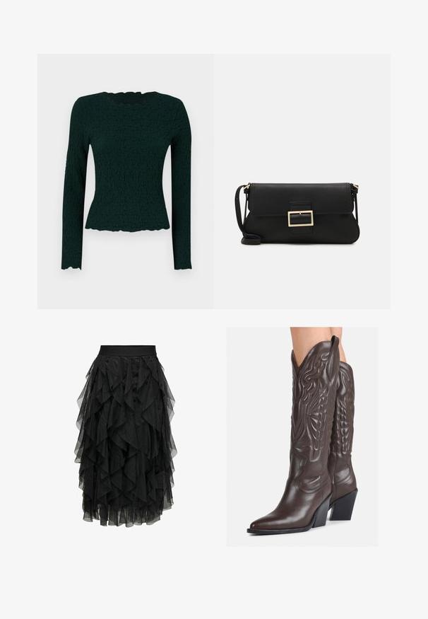 Tmavozelený long-sleeve top s textúrovanou tkaninou, vlnitým lemom a okrúhlym výstrihom. Úzky strih s elastickým materiálom.; Čierna midi sukňa vyrobená z vrstveného tylu s volánikmi. Má elastický pás. Priehľadná látka pridáva textúru a pohyb.; Hnedé kožené kovbojské topánky s špicatou špičkou a blokovým podrážkou, so zložitým prešívaním a vyvýšenými akcentmi na puzdre.; Čierna kožená clutch taška s klopou a zlatým kovovým detailom s prackou. Obsahuje čierny remienok a elegantný, minimalistický dizajn.