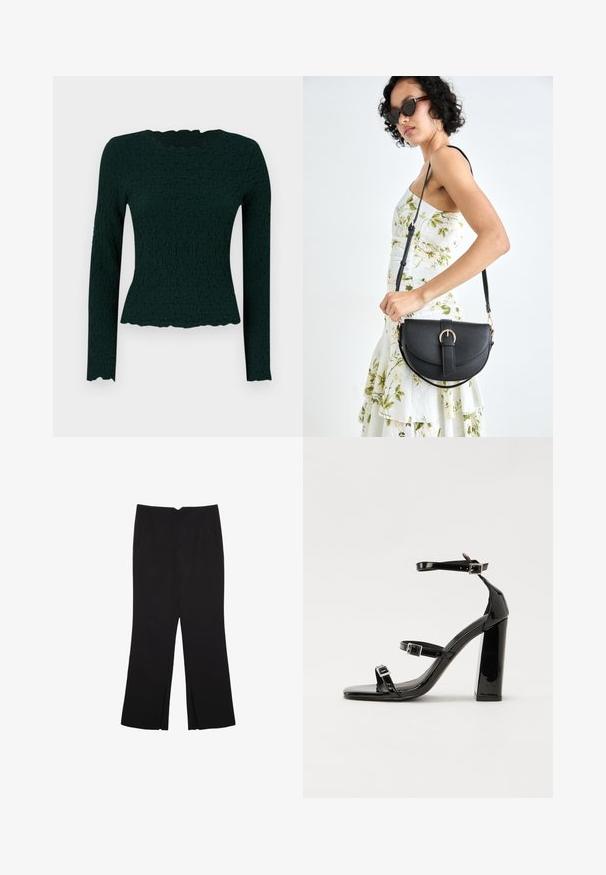 Mörkgrön långärmad topp med en texturerad tyg och en vågig fåll samt rund halsringning. Slim fit med ett elastiskt material.; Svarta byxor med rak passform, utrustade med framfickor och sidoklyvningar vid fållen. Tillverkade av mjukt, slätt tyg. Lämpliga för olika tillfällen.; Svarta lackerade klacksandaler med fyrkantig tå, ankelremmar och silverfärgade spännen. Har en kraftig blockklack för stabilitet.; Svart läderhandväska med en böjd form, avtagbar rem och guldiga detaljer. Väskan har ett lock med en spänndetalj.