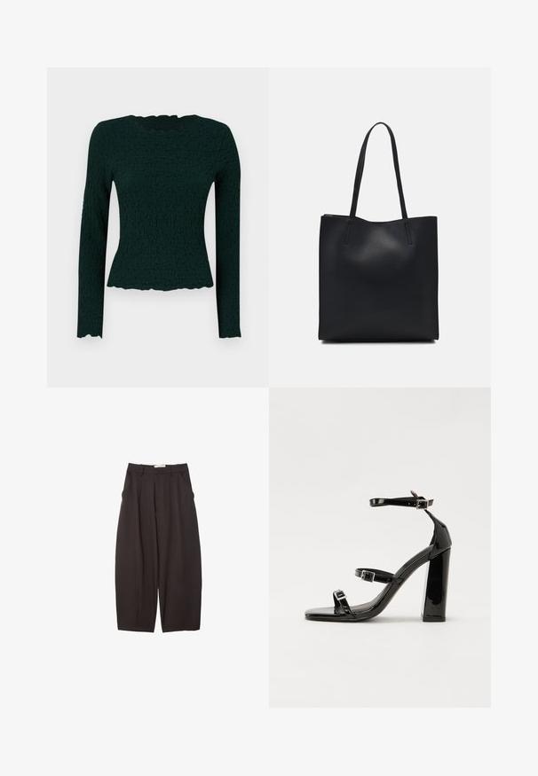 Tmavě zelený dlouhý rukáv top s texturovanou látkou a vlnkovým lemem a kulatým výstřihem. Úzký střih s pružným materiálem.; Černé široké kalhoty vyrobené z hladkého materiálu, s vysokým pasem, předními sklady a bočními kapsami. Jednoduchý design bez ozdob.; Černé lakované sandály na podpatku se čtveratou špičkou, lýtkovými pásky a stříbrnými přezkami. Disponují masivním blokovým podpatkem pro stabilitu.; Černá kožená taška přes rameno s hladkým povrchem, obdélníkovým tvarem a dvěma dlouhými uchy. Žádné viditelné kování ani ozdoby.