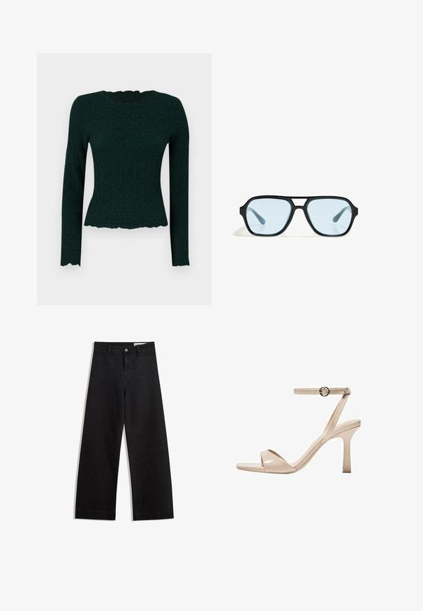 Tamnozelena majica dugih rukava s teksturiranim materijalom, valovitim obrubom i zaobljenim izrezom. Uski kroj s rastezljivim materijalom.; Crne široke traperice s visokim strukom, s prednjim i stražnjim džepovima, šivenim šavovima i kopčanjem na gumb. Glatka tekstura.; Goli visoki sandal s patentnom kožom u boji kože, tanak remen oko gležnja s kružnom kopčom, otvoreni prsti i vitki štikla.; Crne sunčane naočale s pravokutnim okvirima, plavim staklima i posebnim dizajnom nosača. Elegantna površina, suptilna tekstura.; Bershka WITH CHAIN - Ručna torba - black