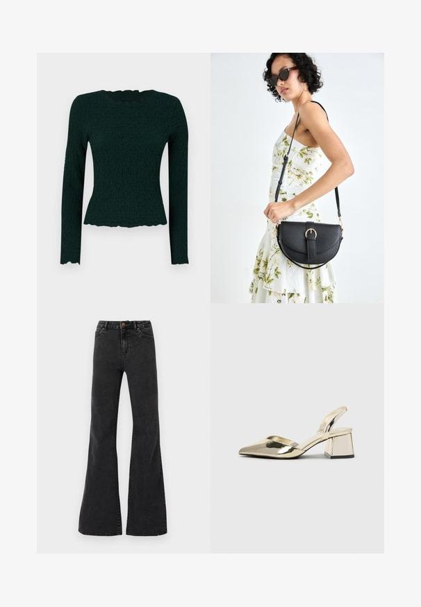 Mørkegrøn langærmet top med en tekstureret stof og en bølget kant. Slim fit med strækbart materiale.; Sorte flare jeans lavet af denim, med høj talje, forlommer og synlige sømme. Glat tekstur med en let glans.; Guld, metalliske slingback-hæle med spids tå og kraftig hæl. Glat tekstur, minimalistisk design og en smal strop.; Sort læderhåndtaske med en buet form, aftagelig rem og guldfinish. Tasken har en klap med en spænde detalje.; Guldøreringe, fire stykker, glat overflade, afrundet design, varierende størrelser, med hængselklips for nem påklædning.