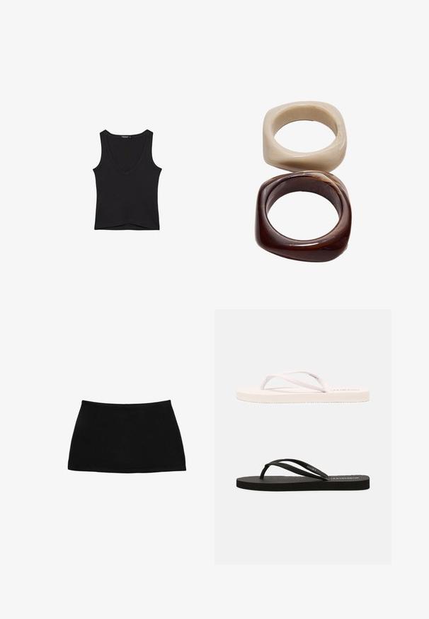 Schwarzes ärmelloses V-Ausschnitt-Cottontanktop mit geradem Saum und schmalen Trägern, flach auf einem weißen Hintergrund ausgelegt.; Schwarzer Baumwoll-Minirock mit einem taillierten Bund. Glatte Textur, schlichtes Design und gerader Saum. Keine zusätzlichen Muster oder sichtbaren Beschläge.; Weiße und schwarze Gummi-Tsandalen mit strukturierten Fußbetten, dünnen Riemen und kontrastierenden Farben. Jedes Paar hat ein einfaches Design und eine minimalistische Markenpräsentation.; Stradivarius SET - Armband - dark brown