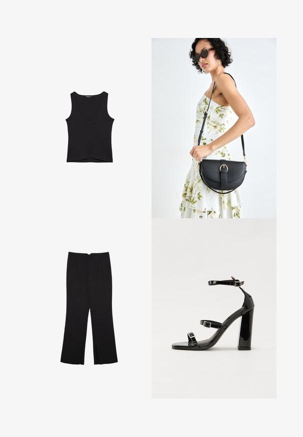 Črna brezrokavna bombažna majica s V-izrezom in ravnim robom, z ozkimi naramnicami, ležijo ravno na beli podlagi.; Črne hlače ravnega kroja z naglavnimi žepi in stranskimi razporki na robu. Narejene iz mehke, gladke tkanine. Primerne za različne priložnosti.; Črne lakirane sandale s peto, kvadratnim prstom, trakovi okrog gležnja in srebrnimi zaponkami. Opremljene so s stabilno Debelo peto.; Črna usnjena torbica s ukrivljeno obliko, z odstranljivo naramnico in zlatimi dodatki. Torbica ima pokrov s podrobnostmi v obliki zaponke.