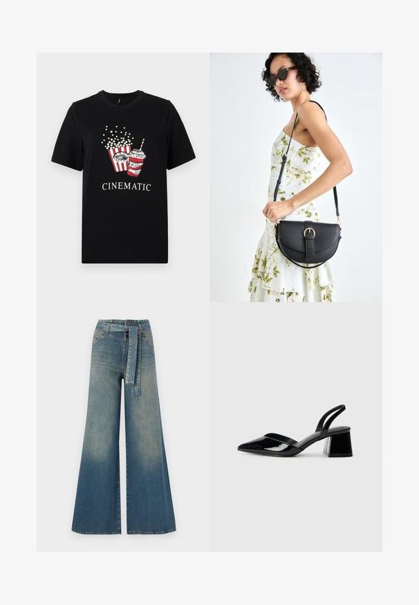 Svart bomull t-skjorte med grafikk av popkorn og en drink. Designet inkluderer røde og hvite striper, med ordet "CINEMATIC" i hvitt.; Bredde ben jeans med en lyseblå til mørkeblå gradient, høyt liv, beltehemper og et matchende belte i samme stoff. Teksturert denimoverflate.; Svarte patentlær slingback hæler med spiss tå og geometrisk blokk hæl. Har et stilrent, minimalistisk design og jevn tekstur.; Svart lærveske med en buet form, avtagbar stropp og gullbeslag. Vesken har et klaff med spenne-detall.