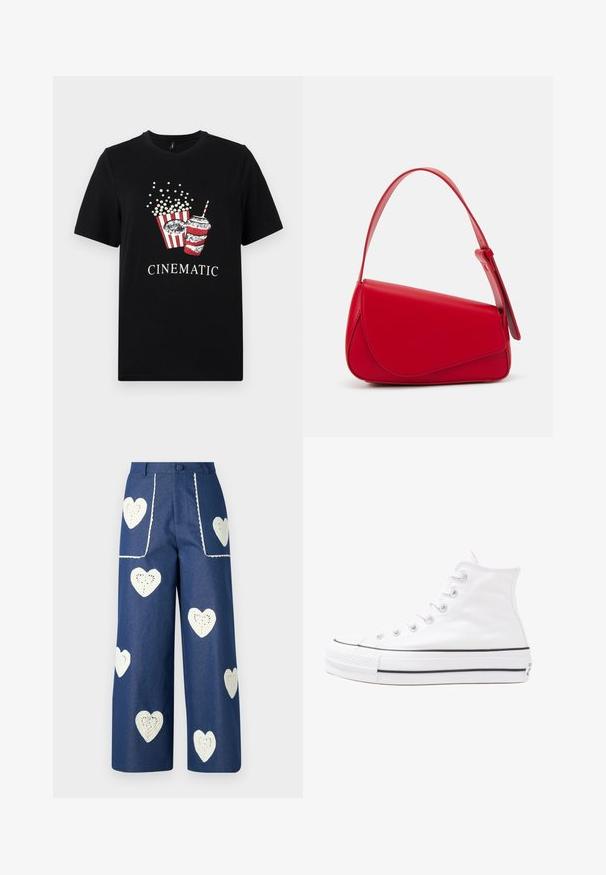 Črna bombažna majica s potiskom pokovke in pijače. Oblikovanje vključuje rdeče in bele črte, z besedo "CINEMATIC" v belem.; Sister Jane HEART TO HEART - Ravne kavbojke - blue denim; Beli visoki platneni športni čevelj z črnim gumijastim podplatom, sprednjim gumijastim zaščitnikom za prste in šestimi luknjicami za vezalke, ki se ponaša s preprostim, minimalističnim dizajnom.; Rdeča usnjena torba z angularnim, geometrijskim dizajnom. Ima en samostoječ nastavljiv ročaj in pokrov, zaprt z zapiranjem, ki je okrašen s šivi.