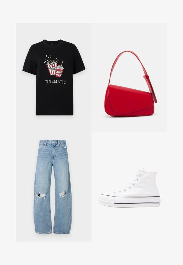 Zwart katoenen T-shirt met een grafisch ontwerp van popcorn en een drankje. Het ontwerp bevat rood-witte strepen, met het woord "CINEMATISCH" in het wit.; Lichtblauwe, hooggeritste jeans van denim. Beschikken over wijde pijpen, twee gescheurde knievalken en klassieke vijfzakken styling.; Witte high-top canvas sneakers met een zwarte rubberen zool, een rubberen neuskap aan de voorkant en zes gaatjes voor veters, met een schone, minimalistische uitstraling.; Rode leren handtas met een hoekig, geometrisch ontwerp. Beschikt over een enkele verstelbare schouderriem en een klepclosure met gestikte details.