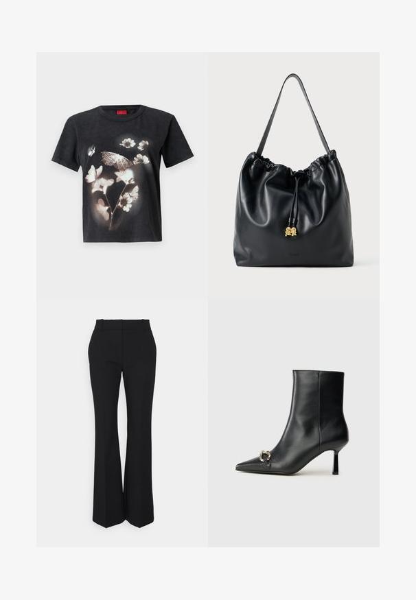 Black cotton t-shirt featuring a large white floral and butterfly graphic on the front. Short sleeves and a round neckline.; Black pleated trousers with a straight-leg design, made from a smooth fabric. Features a high waist and invisible side pockets.; Black leather ankle boot with pointed toe, slim mid-height heel, and silver buckle detail on side against plain background.; Black leather drawstring bag with a smooth texture, gathered top, and subtle gold hardware. Features a single sturdy strap and embossed logo.