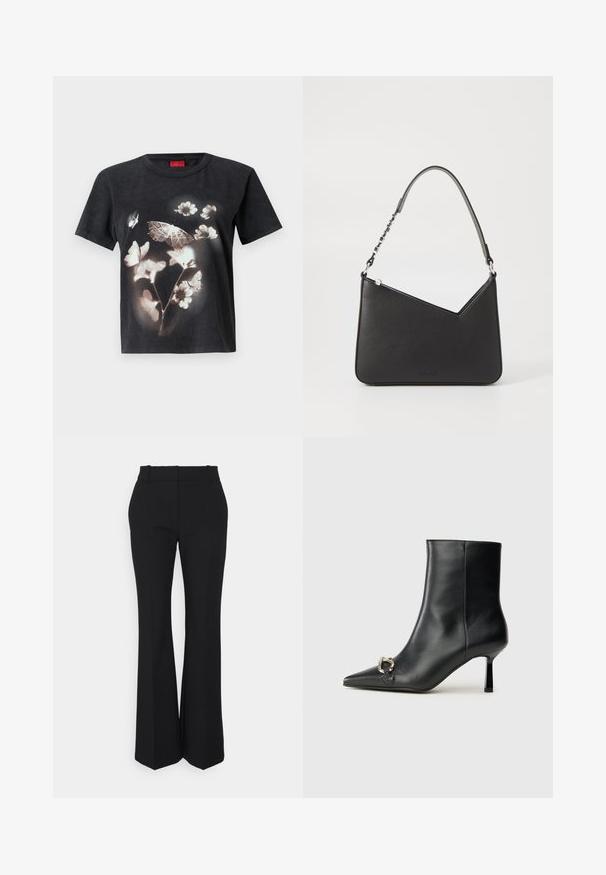 Sort bomulds T-shirt med et stort hvidt grafisk motiv af blomster og sommerfugl på forsiden. Kortærmede og med rund halsudskæring.; Sorte plisserede bukser med et lige ben-design, lavet af et glat stof. Har en høj talje og usynlige sidelommer.; Sort læder ankelstøvle med spidse tæer, slank hæl i mellemhøjde og sølvspænde detaljer på siden mod en ensfarvet baggrund.; Sort læderhåndtaske i trekantet form med en slank rem og sølv hardware. Har lynlås-lukning og prægede logo på forsiden.