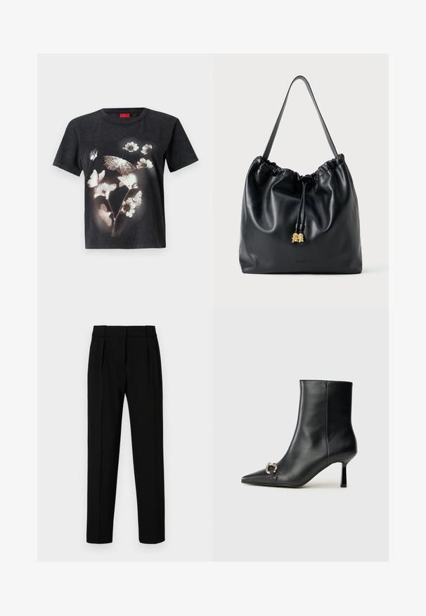 Svart t-shirt i bomull med en stor vit blomma och fjärilsgrafik på framsidan. Kort ärm och rund halsringning.; Svarta skräddarsydda byxor med rak passform, plisserad front, polerat tyg och medelhög midja. Inga synliga fickor eller metalldetaljer.; Svart läderankelboot med spetsig tå, smal medelhög klack och silverfärgad spänndetalj på sidan mot en enfärgad bakgrund.; Svart läderdragstringväska med en slät yta, samlad topp och subtila guldfärger. Har ett enda robust handtag och präglad logotyp.