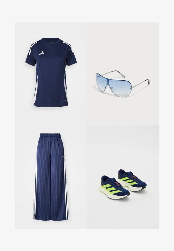 Námořnická modrá sportovní košile s bílými bočními panely a třemi bílými pruhy na ramenou. Vyrobena z lehkého, vlhkost odvádějícího materiálu.; Námořnické modré kalhoty s širokými nohavicemi a vertikálními bílými pruhy, s elastickým pasem a třemi bílými pruhy po každé straně, vyrobené z lehkého materiálu.; Námorně modré běžecké boty s neonově zelenými pruhy, texturovaný svršek, polstrovaná bílá podrážka, šněrovací design a červený akcent na jazyku.; Pilotské sluneční brýle s modrými gradientními skly, stříbrným kovovým rámem a dekorativními hvězdnými akcenty na sklech. Hladký a elegantní design.
