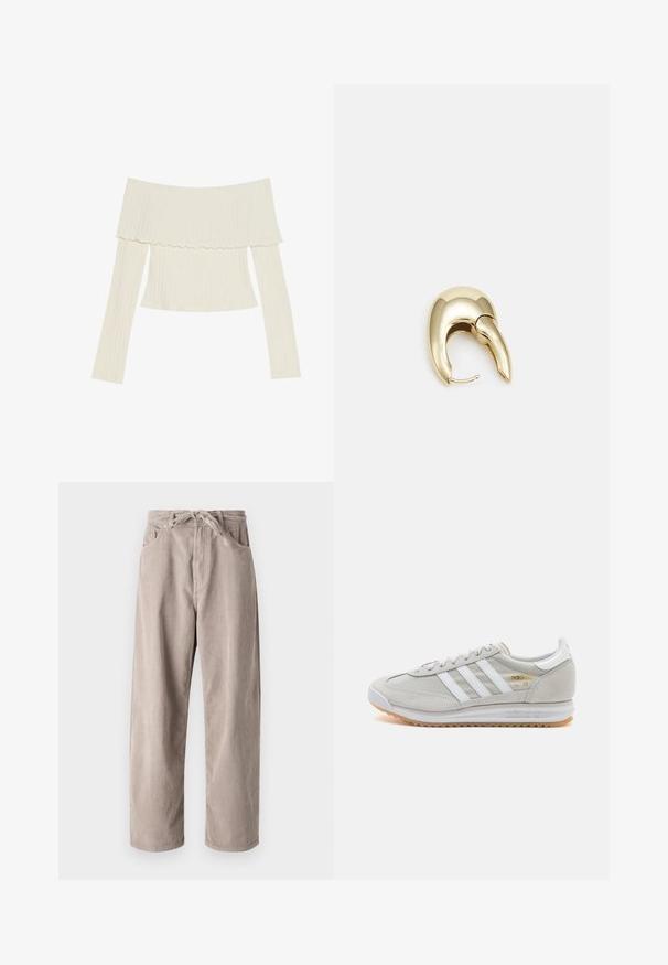 Avslag på skuldrene ribbet topp i kremfarge, med en volang-hals og lange ermer som har en tettsittende silhuett. Generelt glatt tekstur.; Beige kordfløyelsbukser med løs passform, med strikk i livet, to frontlommer og vertikal ribbet tekstur.; Lys grå sneaker laget av semsket skinn og mesh, med tre hvite striper, rund tå og såle av gummi. Gull logo-aksent nær snørebåndene.; Gullfarget metalløredobber med et elegant, buet design. Har en karakteristisk spiss form, polert overflate og hengsel-lukking.