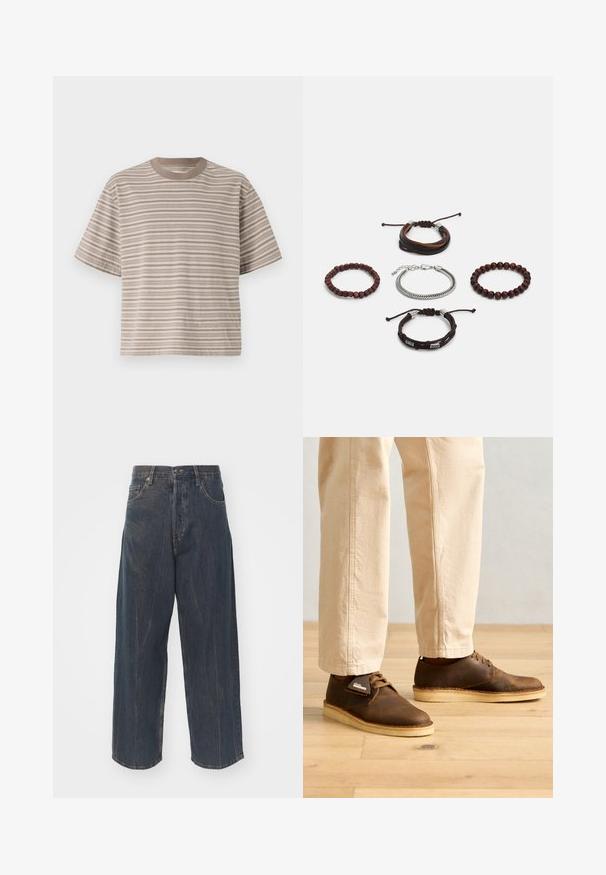 Stripet kortermet t-skjorte i beige nyanser, rund hals, myk stoff, avslappet passform, med vekslende lyse og mørke horisontale striper.; Bredde ben mørkeblå denimjeans med subtil slitt tekstur, fem lommer, og en klassisk knapp- og glidelås-feste i livet.; Brune lærersko med en glat overflade, rund tå og lyse gummisåler. Sammen med lysebeige bukser.; Sett med fem armbånd som inkluderer brunt lær, treperler og en sølvkjede; ulike teksturer og former, med justerbare lukkinger.