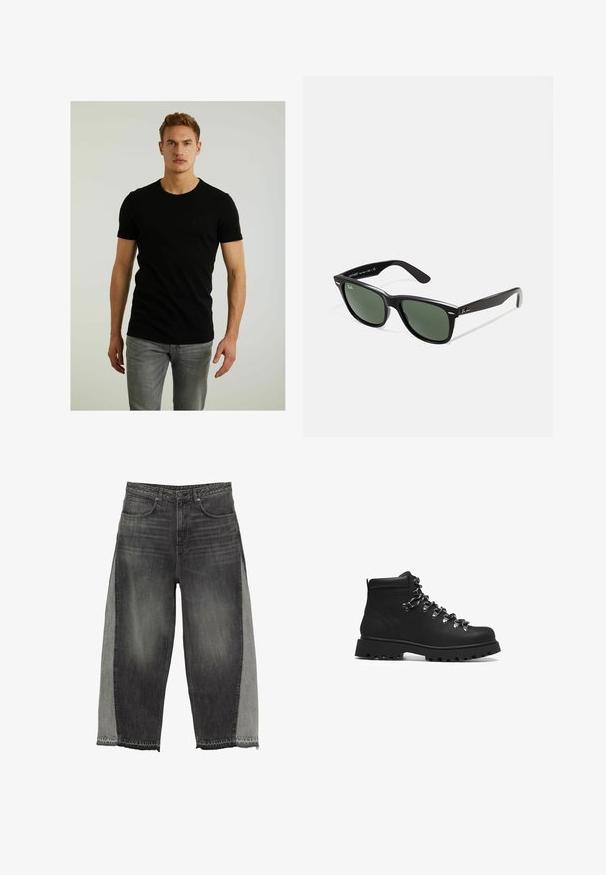 Sort kortærmet t-shirt lavet af bomuld, med rund hals og et lille, præget firkantet logo på venstre bryst. Bæres med lysegrå jeans.; Bredde jeans i mørkegrå denim med kontrasterende lysegrå sideskæringer. Ru kantdetaljer fremhæver det unikke design. Fem-lommestil.; Sorte lædervandrestøvler med en robust gummisål, metal snørebåndsbeslag og en høj ankeludformning for støtte og holdbarhed.; Sorte plastiksolkaber med grønne linser, firkantede stel, sølvaccent på brynene og teksturerede templede arme. Angivet mærke på den indre arm.