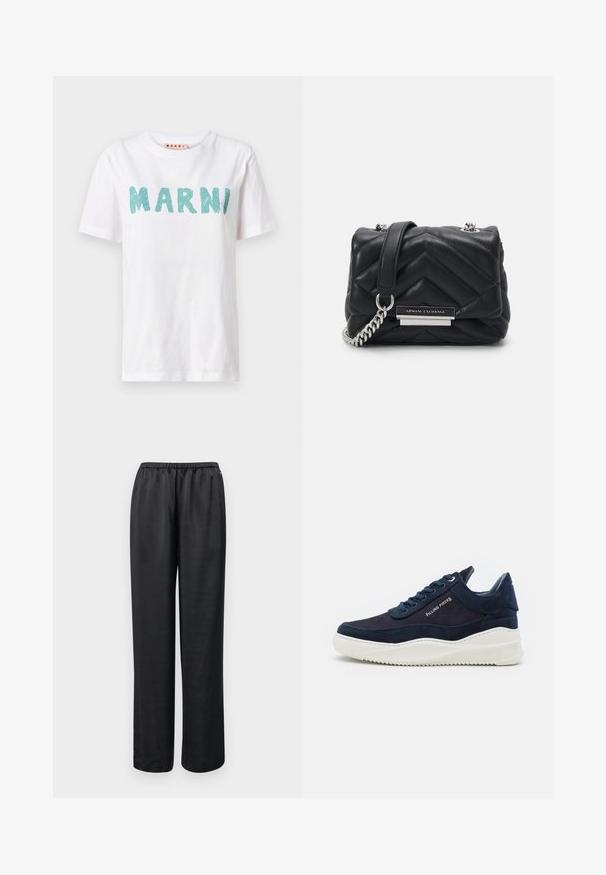 Camiseta blanca de algodón con un gráfico texturizado en turquesa que dice "MARNI" en el frontal. Cuello redondo clásico y mangas cortas.; Pantalones negros de corte holgado con una cintura elástica. Fabricados con un tejido suave, presentan una pierna recta y sin bolsillos ni adornos visibles.; Zapatillas de gamuza azul marino oscuro con suelas de goma blanca, puntera redondeada y diseño de cordones. Presenta un detalle de logo en el lado y acentos texturizados.; Bolso de cuero negro con diseño de acolchado en chevron, cadena de plata y una placa rectangular con el logo en la parte frontal. Forma compacta y estructurada.