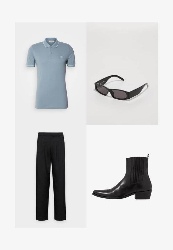 Lyseblå polo skjorte laget av glatt bomull, med klassisk krage, to knapper og subtile detaljer på ermene. CK-logo på brystet.; Sorte bukser laget av glatt stoff, med rette ben, to frontfoldninger og standard liv med beltehemper.; Sorte skinn ankelstøvletter med spiss tå, elastiske sidepaneler, vertikale sømdetaljer og en lav blokkhæl.; Sorte rektangulære solbriller med mørke linser, en glatt plastikkramme og en subtil logo på venstre arm. Minimalistisk design.