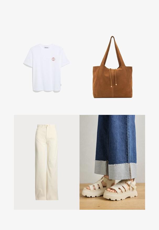 Camiseta de algodón blanca con un pequeño logotipo rojo bordado en el lado izquierdo del pecho, cuello redondo y mangas cortas. Diseño simple y moderno.; Polo Ralph Lauren COTTON CORDUROY WIDE-LEG PANT - Pantalones - warm white; Sandalias de plataforma beige con suelas gruesas que presentan un diseño de tiras y correas ajustables en el tobillo. Llevadas con pantalones de mezclilla de pierna ancha, uno de los dobladillos está deshilachado.; Bolso tote de ante marrón con dos asas largas, cierre de cordón y un diseño minimalista. Textura suave y sin acentos de hardware visibles.