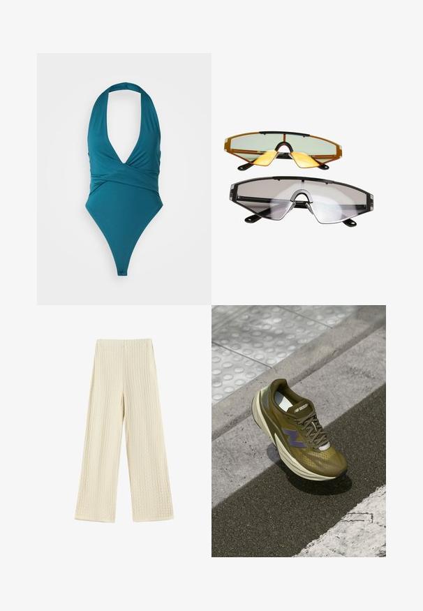 Modrý jednodílný plavky s hlubokým výstřihem, překříženým designem a vysokým střihem nohou. Vyrobeno z hladké, pružné tkaniny. Bez výrazných vzorů nebo kovových detailů.; Kalhoty s širokými nohavicemi z texturované smetanové tkaniny. Design obsahuje vaflový vzor s vysokým pasem a nohavicemi v plné délce.; Olivově zelená sportovní bota s prodyšným svrchním síťovinovým materiálem, polstrovanou mezipodešví, fialovým logem a texturovanou gumovou podrážkou pro lepší grip.; Dvě dvojice slunečních brýlí: jedny s oranžovými skly a černými akcenty, druhé s průsvitnými skly a podobným designem černého rámu.