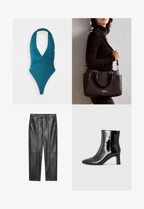 Teal ét enkelt svømmedragt med dyb halsudskæring, indpakningsdesign og højt skårne ben. Fremstillet af blødt, strækbart stof. Ingen markante mønstre eller hardware.; Sorte læderbukser med en glat overflade, der har lige pasform, to forlommer og synlige sømdetaljer.; Sort lakeret ankelstøvle med spids tå og en midt-højde blokhæl. Glat tekstur og minimalistisk design.; Sort håndtaske med struktureret overflade, dobbelt topbærere og justerbar skulderrem. Udstyret med guldfarvet metalhardware og sidelommer.