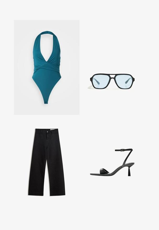 Costum de baie dintr-o singură piesă, de culoare teal, cu decolteu adânc, design înfășurat și picioare înalte. Construit dintr-un material neted și elastic. Fără modele distincte sau accesorii.; Pantaloni din denim negri cu picioare largi, cu talie înaltă, având buzunare frontale și posterioare, cusături dublate și închidere cu nasture. Textură netedă.; Bershka Sandale cu toc - black; Ochelari de soare negri cu rame rectangulare, lentile cu nuanță albastră și un design distinctiv al punții. Finisaj elegant, textură subtilă.; Bershka WITH CHAIN - Geantă de mână - black