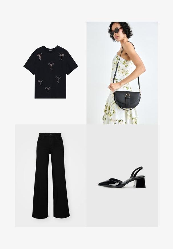 Black cotton t-shirt featuring several rhinestone-embellished bow designs across the front. Crew neck and short sleeves.; Black wide-leg pants made of denim, featuring a structured waistband, belt loops, and front pockets. Smooth texture with a classic design.; Black patent leather slingback heels with a pointed toe and a geometric block heel. Features a sleek, minimal design and smooth texture.; Black leather handbag with a curved shape, detachable strap, and gold hardware. The bag features a flap with a buckle detail.
