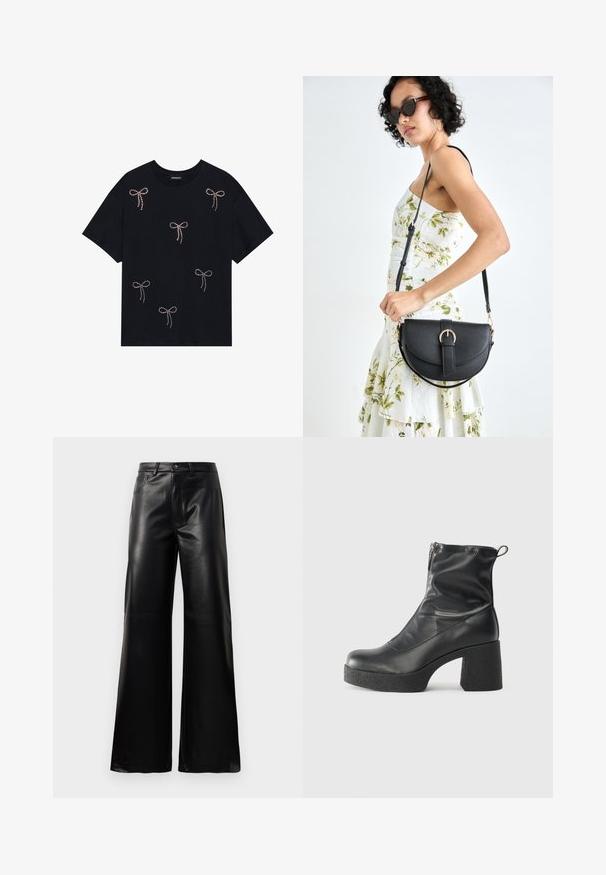Camiseta de algodón negra con varios diseños de lazos adornados con rhinestones en la parte delantera. Cuello redondo y mangas cortas.; Pantalones de imitación de cuero negros de cintura alta y pierna ancha con botón frontal, cierre de cremallera, pasadores para cinturón y bolsillos laterales sobre fondo blanco.; Botines negros de tobillo, hechos de cuero suave, con cierre lateral, tacón grueso texturizado y diseño de punta redondeada.; Bolso de piel negra con forma curva, correa desmontable y herrajes dorados. El bolso cuenta con una solapa con un detalle de hebilla.