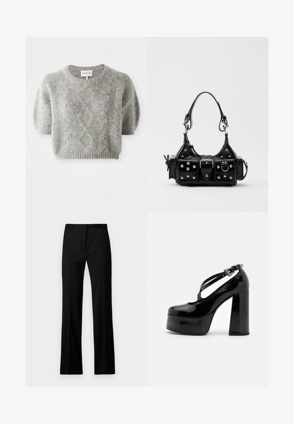 Grijs kortemouwen pullover trui met kabelbreipatroon en ribbelboord. Gemaakt van een zacht, textuur materiaal. Merklabel zichtbaar bij de hals.; Zwarte rechte broek van gladde stof, met een platte voorkant, riemlussen en zonder zichtbare zakken of versieringen.; The Kooples CHAUSSURES - Hoge hakken - black; Zwarte lederen handtas met een gebogen ontwerp, voorzien van zilveren studs, een gesp en twee zijvakken. Verstelbare schouderband voor verschillende draagmogelijkheden.