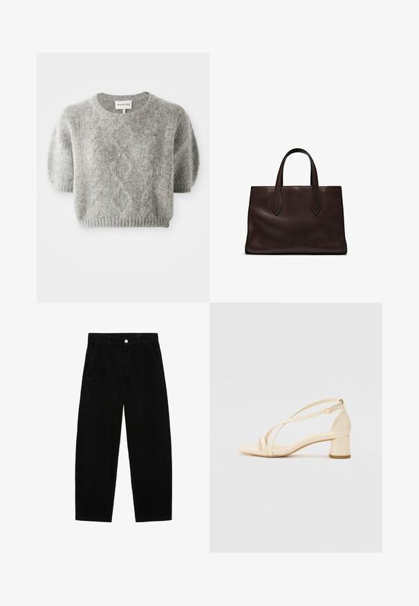 Grauer, kurzärmeliger Pullover mit Zopfmuster und geripptem Saum. Hergestellt aus einem weichen, strukturierten Material. Markenlabel am Hals sichtbar.; Schwarze Cordhosen mit weit geschnittenem Design, ausgestattet mit seitlichen Taschen und einem vorderen Knopfverschluss. Die Textur ist gerippt und bietet ein weiches Gefühl.; Beige Sandalen mit Absatz, Blockabsatz, Riemchen-Design und verstellbarem Knöchelriemen, aus glattem synthetischem Material mit matter Oberfläche.; Braune Ledertasche mit zwei langen Griffen, strukturierte rechteckige Form, glatte Textur und dezente Nähdetails.