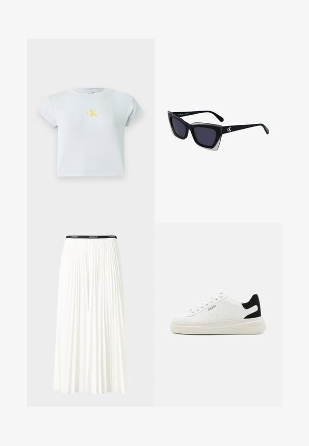 Lyseblå, ribbede kortermede crop topp med en gul CK-logo på brystet. Enkel, tettsittende design med rund halslinning. Glatt tekstur.; Plissert hvit skjørt med en svart elastisk midje som har "LACOSTE"-logoen. Midjelengde design med myk tekstur.; Hvite lær sneakers med tykk hvit såle, svart semsket hælforsterkning og preget logo på siden. Snøresystem med seks hull.; Store svarte solbriller i overdimensjonert størrelse med geometrisk form, med mørke linser og en kontrasterende grå detalj på rammen. Logo på armen.