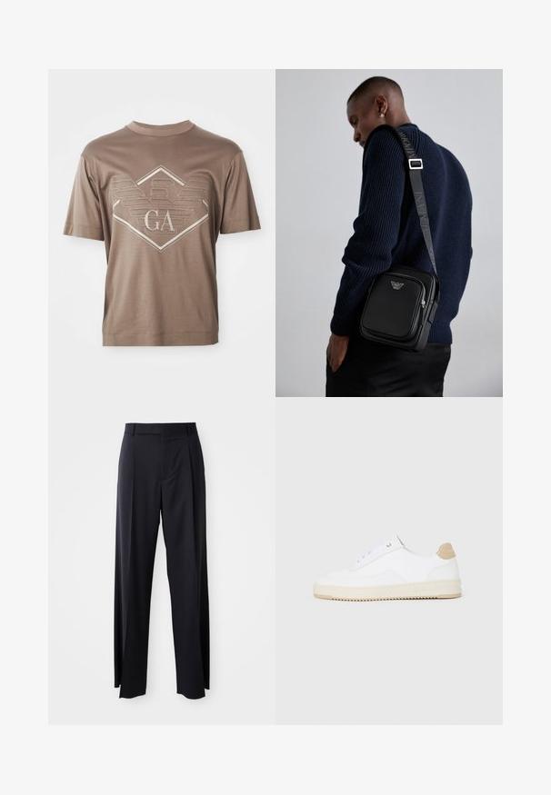 Brūns īsām piedurknēm T-krekls ar izšūtu ģeometrisku emblēmu un centrētiem burtiem "GA" krūtīs.; Melnas, augstās vidukļa bikses ar platām kājām, izgatavotas no gludas auduma. Iezīmē priekšējās krokas un jostas cilpas. Minimalistisks dizains, bez redzamām detaļām.; Baltās zemas kedas ar faktūru ādas virsu, krēmkrāsas rievojamu zoli un brūnu pacēlumu uz papēža. Iekļauj baltas auklas un logo detaļu uz papēža.; Melnas ādas plecu soma ar rāvējslēdzēja nodalījumu, logotipa detaļām un markētu regulējamu siksnu. Valkāta kopā ar teksturētu tumši zilu džemperi.