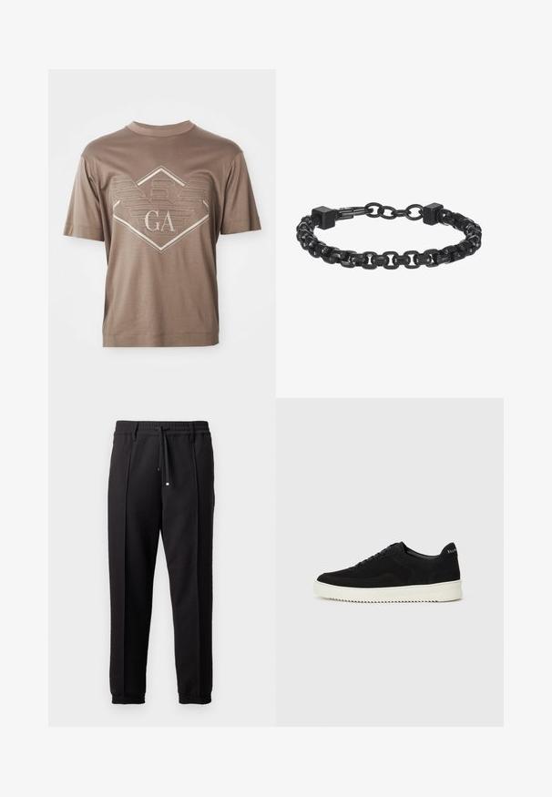 Brun kortermet T-skjorte med et sydd geometrisk emblem og "GA" bokstaver sentrert på brystet.; Sorte bukser med liv, snor og elastiske mansjetter. Har plisséer og et glatt, teksturert stoff.; Svart semsket sneakers med snøring og kontrasterende hvit gummisåle. Har teksturerte sidepaneler og subtil merkevare på hælen.; Svart metall kjedearmbånd med sammenkoblede lenker, firkantede detaljer og en jevn overflate. Justerbar design for optimal passform.