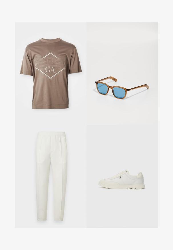 Brun kortermet T-skjorte med et sydd geometrisk emblem og "GA" bokstaver sentrert på brystet.; Hvite smale bukser med elastisk midjebånd, med to sidelommer og en glatt, litt skinnende tekstur.; Lavtoppet hvit sneaker med snøring foran, glatt såle og liten metallisk logo på siden, vist mot en enkel bakgrunn.; Brune plastikkinnes solbriller med blå linser, firkantet form, tynne armer, teksturerte detaljer på templene og en polert overflate.