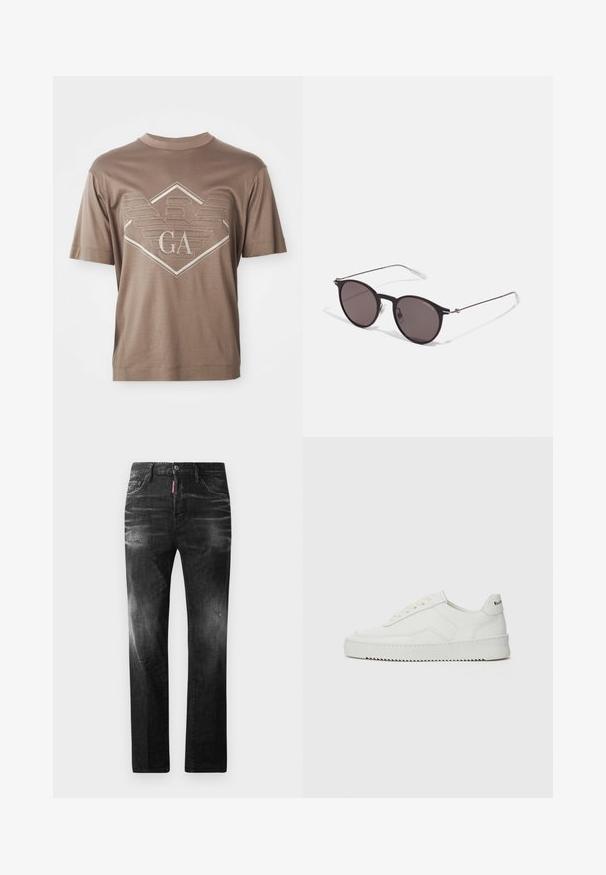 Brūns īsām piedurknēm T-krekls ar izšūtu ģeometrisku emblēmu un centrētiem burtiem "GA" krūtīs.; Melni džinsi no denima ar taisnu piegriezumu. Iespējas ietver izbalējušas vietas, nelielas nodiluma pazīmes, klasisko piecu kabatu dizainu un pogu aizdari.; Baltas ādas sneakers ar gludu virsmu, apaļu pirkstu daļu, plakaniem šņorēm un teksturētu zoli. Satur diskrētu logotipu uz papēža.; Melni apaļi saulesbrilles ar tumšiem lēca un plānām metāla stangām. Iekļautas caurspīdīgas tempļu galviņas un sudraba akcenti pie eņģes. Minimalistisks dizains.