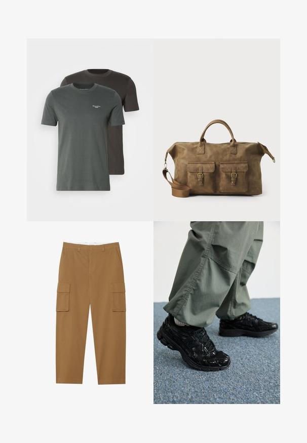 Duas t-shirts de manga curta, uma em verde escuro e a outra em cinza escuro, feitas de algodão, com decote arredondado e detalhe de logotipo subtil.; Calças cargo castanhas com dois bolsos laterais, frente plana e corte reto. Feitas de um tecido durável com uma textura suave.; Sapatilhas desportivas pretas com texturas brilhantes e de malha, apresentando uma sola grossa e atacadores, combinadas com calças cargo largas de cor verde-oliva.; Mala de viagem em couro castanho com dois bolsos frontais, alça de ombro ajustável, acessórios dourados e alças superiores robustas. Textura suave.